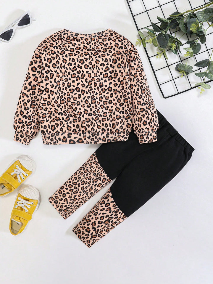 SHEIN بلوفر وبنطلون رياضي بطباعة جلد الفهد & جرافيك شخص للبنات الاطفال